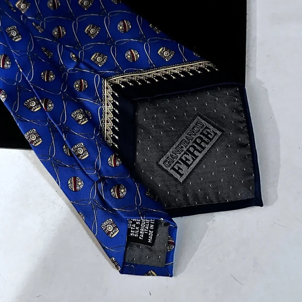 Gianfranco Ferre Silk Tie Blue Gold Red Baroque Filagree Rococo Balls Luxury Man
